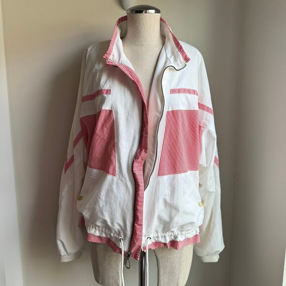 Tail Vintage 80s 90s White & Red Striped Zip Windbreaker Jacket L - Picture 3 of 9
